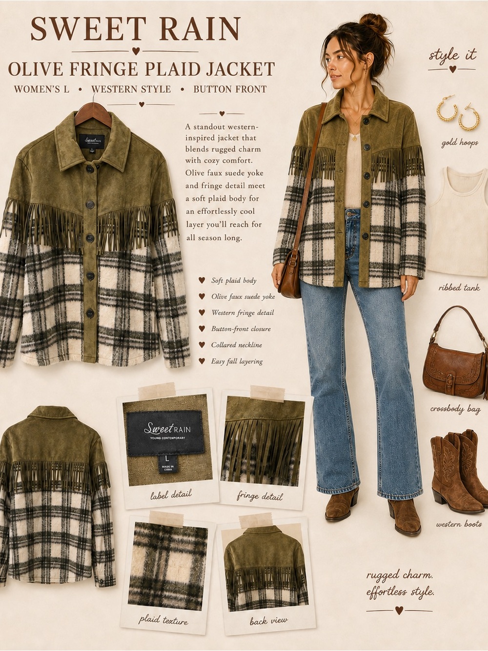 Sweet Rain Western Plaid Fringe Shacket Womens L Olive Faux Suede Jacket